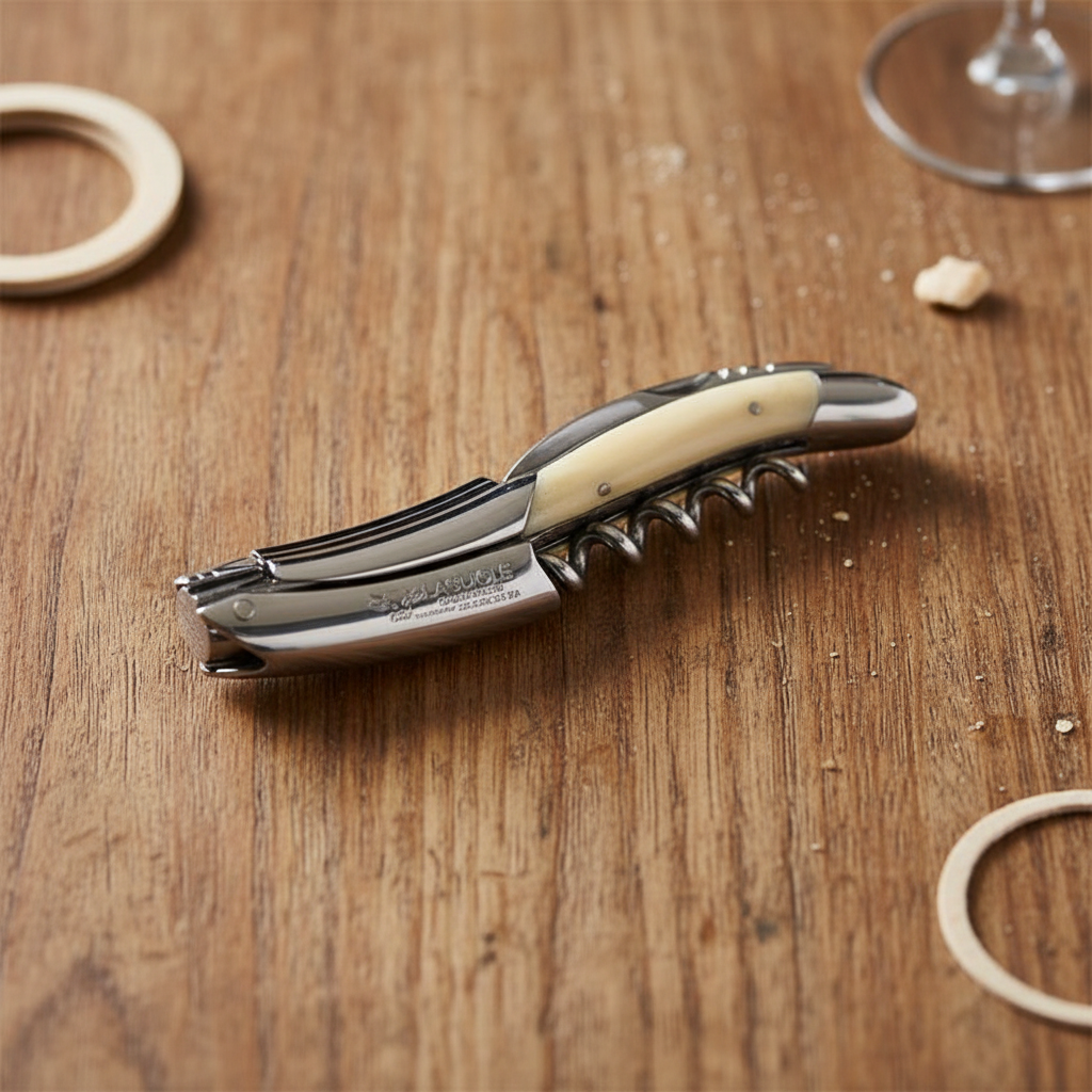 Corkscrew on a wooden table beside a wine glass stem and cork rings
