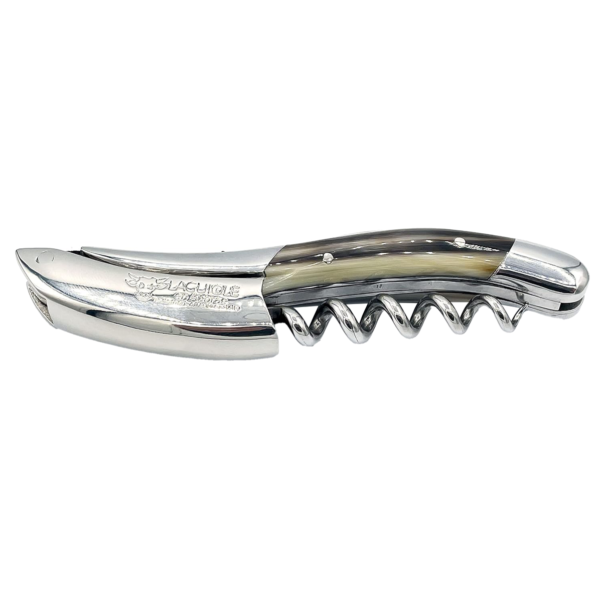 Laguiole DeLuxe No. 9 horn corkscrew with carved spine on a white background