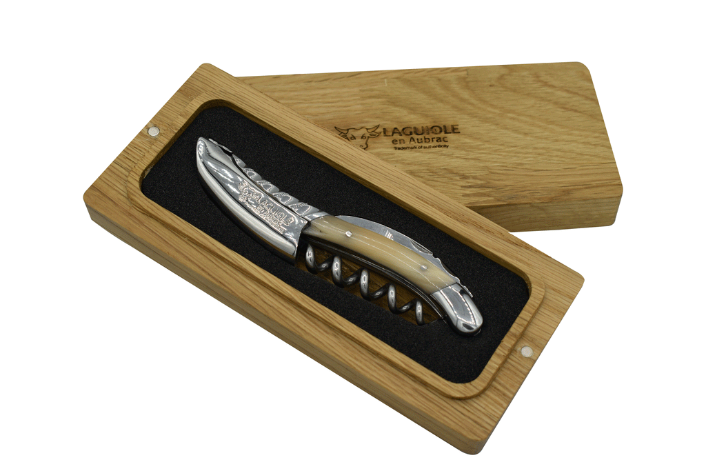 Solid horn corkscrew inside its open French oak gift box