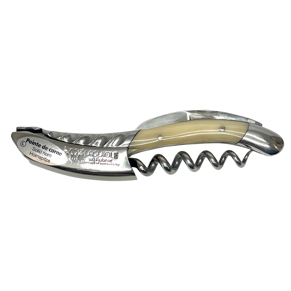 Laguiole DeLuxe solid horn corkscrew with twisted bolster on a white background
