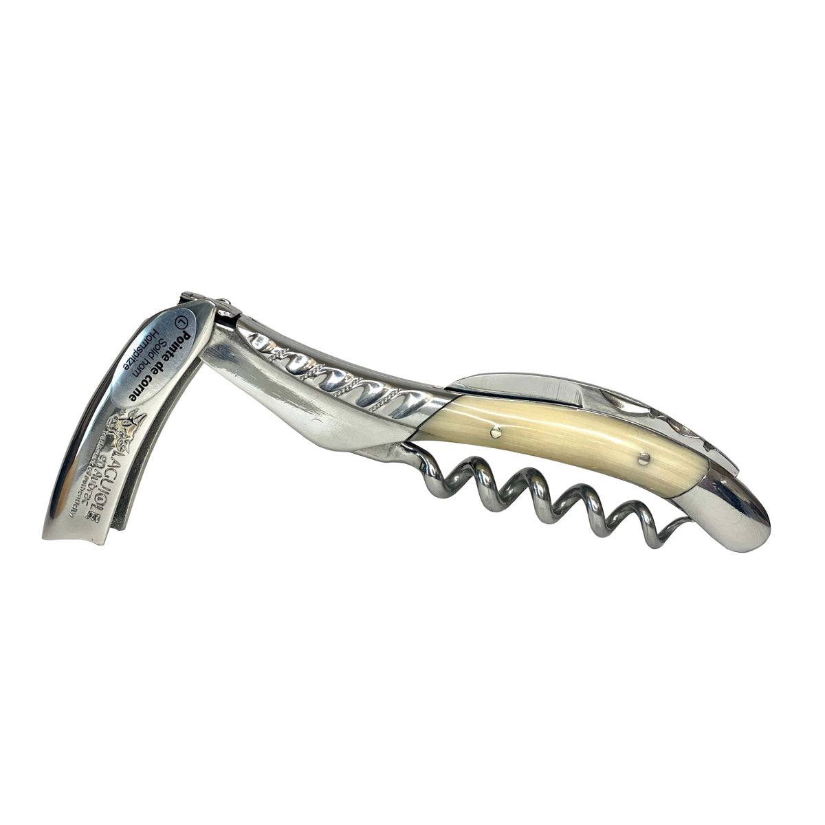 Corkscrew with the lever opened out showing the carved top