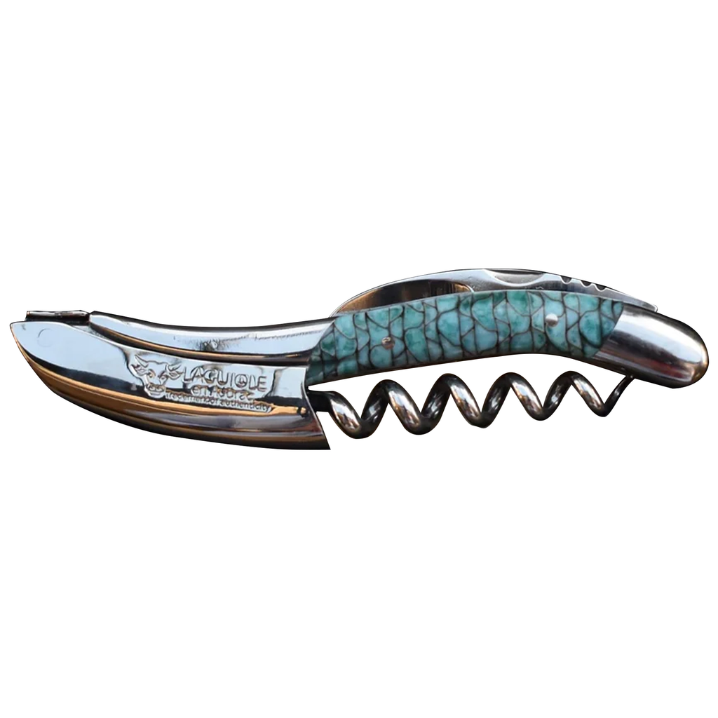 Laguiole turquoise resin corkscrew with Paper Waves handle on a white background
