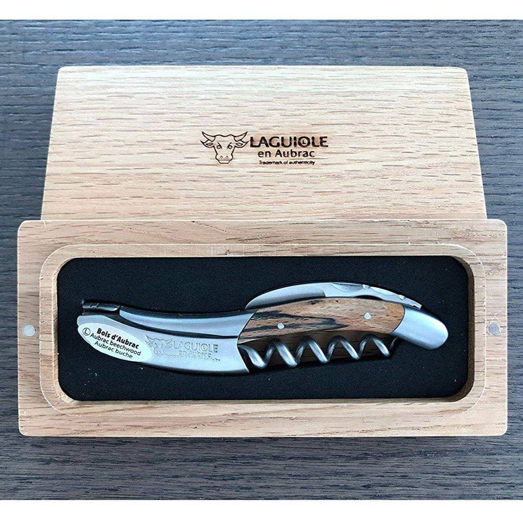Streaked wood handled corkscrew in an open French oak gift box