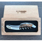 Streaked wood handled corkscrew in an open French oak gift box