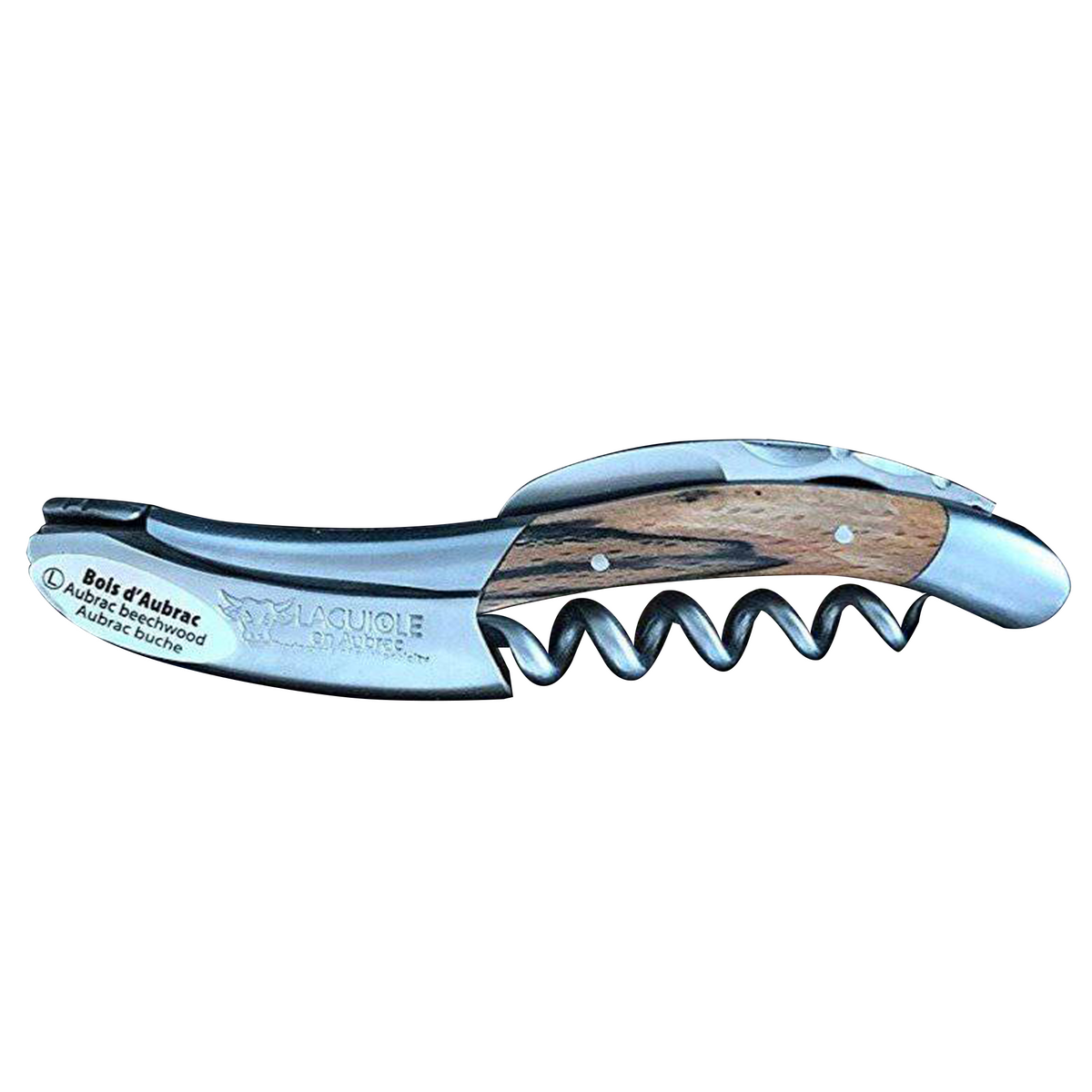 Laguiole Aubrac wood corkscrew with satin steel finish on a white background