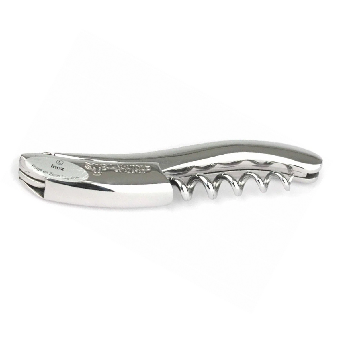 Laguiole polished steel corkscrew folded on a white background