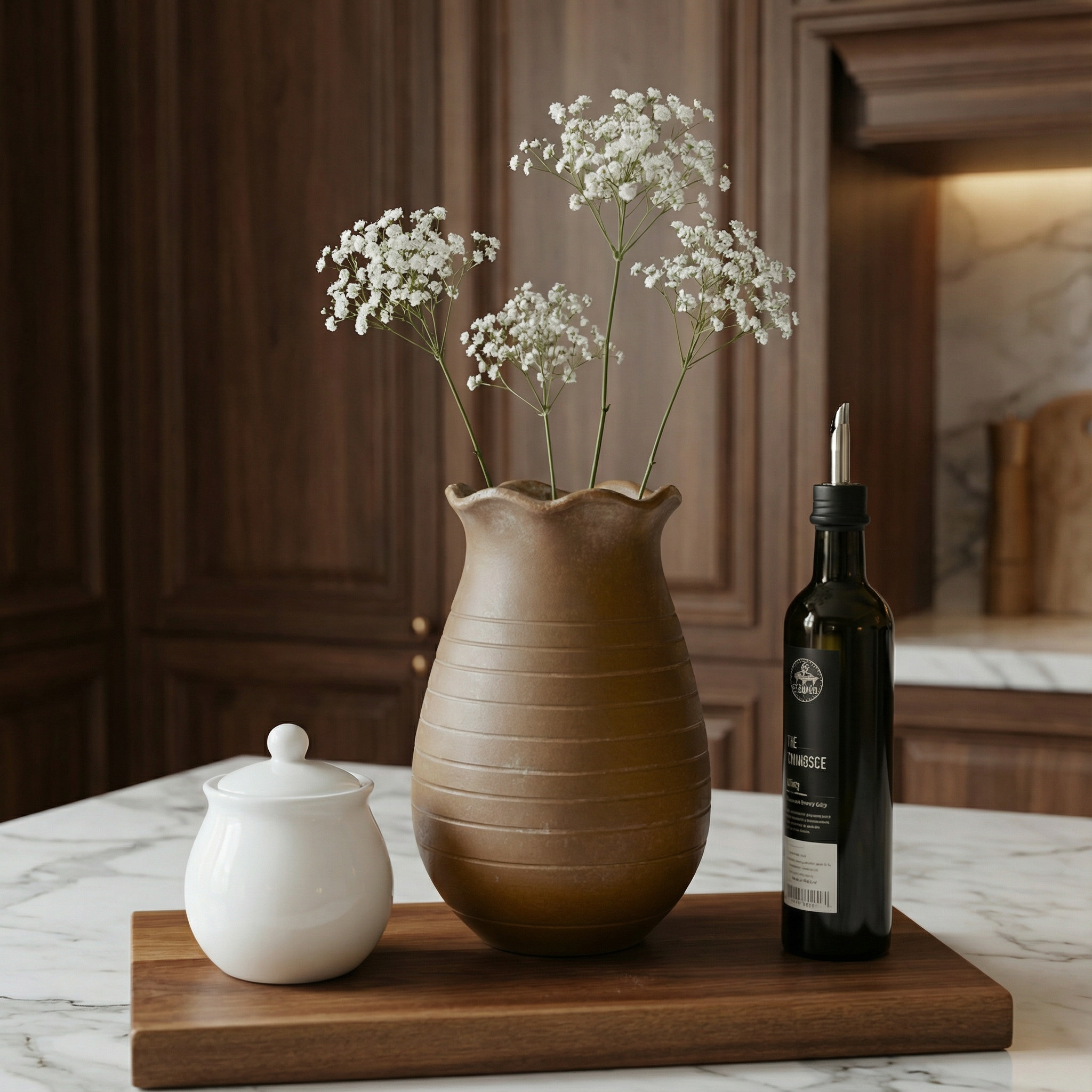 Sable Scalloped Crock, Terracotta Pot, Hand-Painted in Earthly Brown or Aged White, 6.2"D x 9.4"H