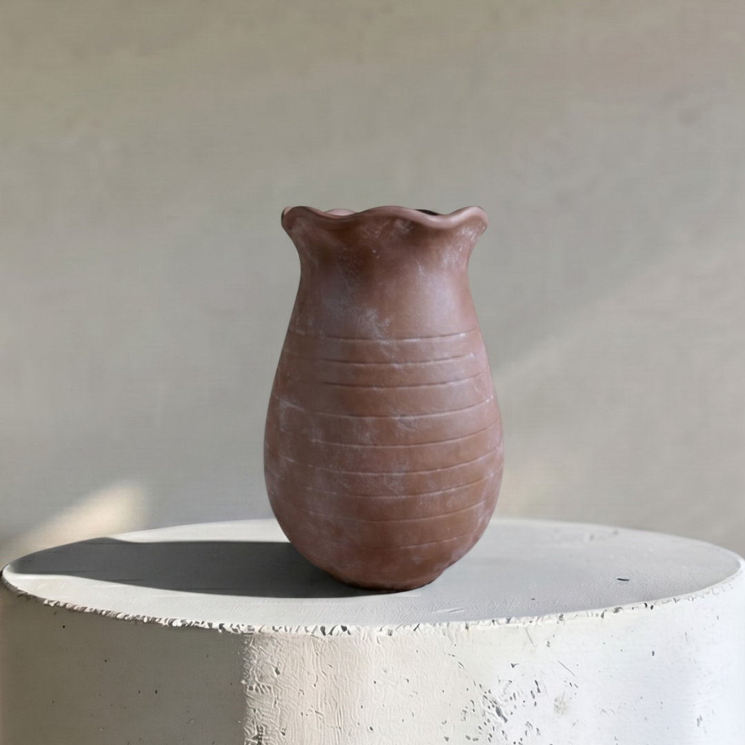 Sable Scalloped Crock, Terracotta Pot, Hand-Painted in Aged White or Earthly Brown, 6.2"D x 9.4"H