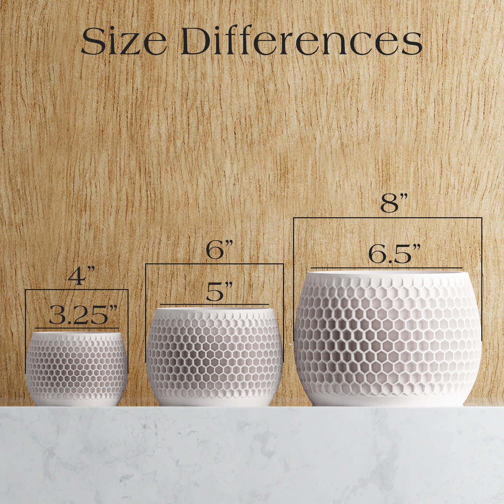 Honeycomb Planter sizes shown to scale