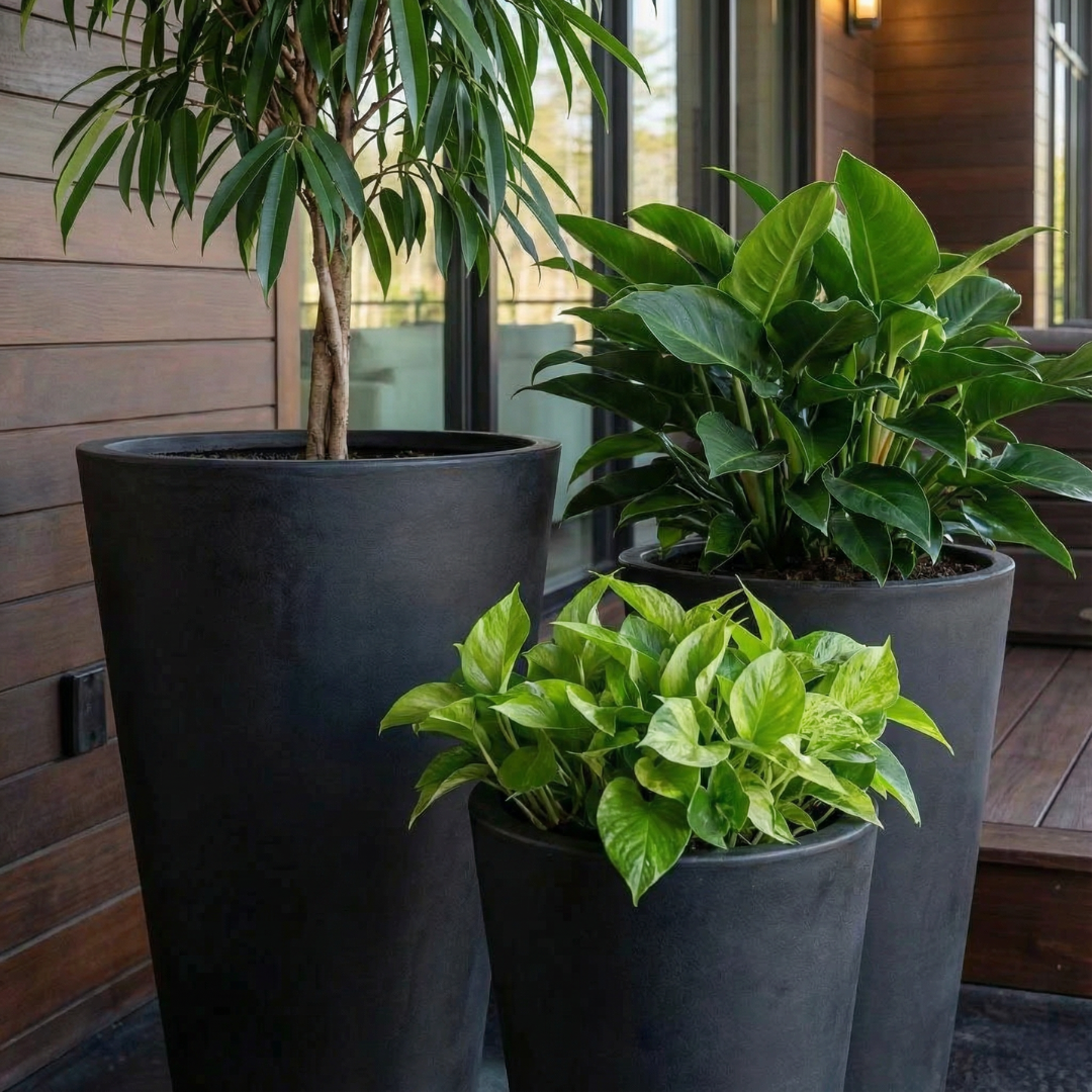 Tahiti Fiber Clay Planter, Hand-painted in Weathered Black or White Shiplap
