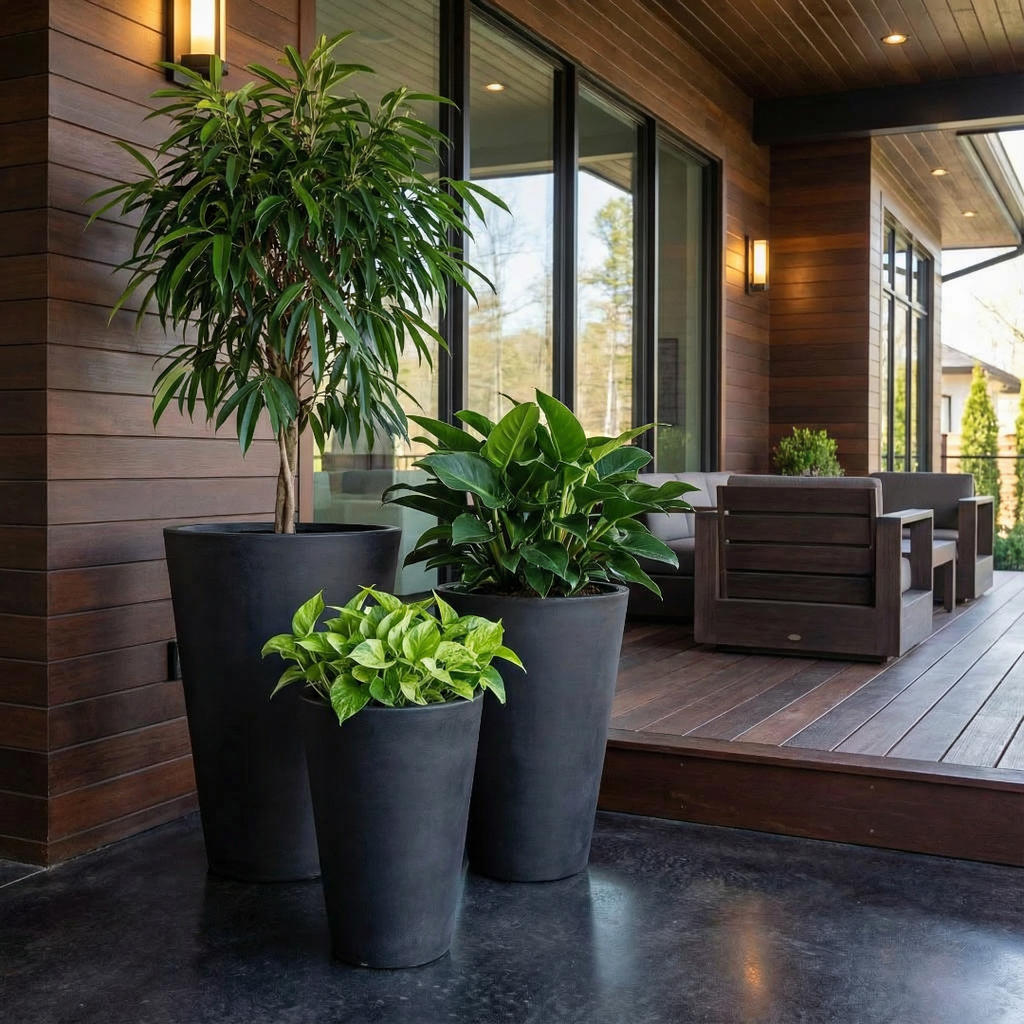 Tahiti Fiber Clay Planter, Hand-painted in Weathered Black or White Shiplap