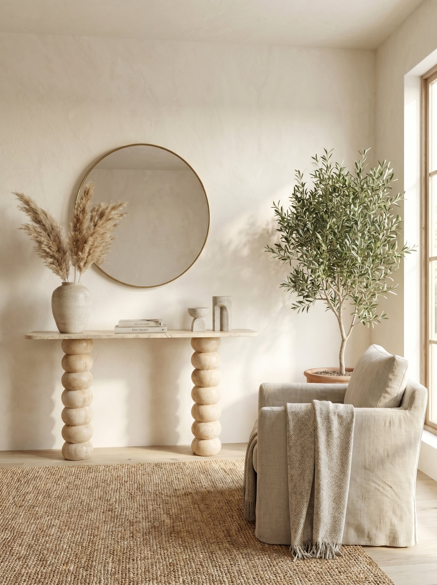 Light Travertine Natural Stone Designer Console Table - Premium Handcrafted Honed Finish