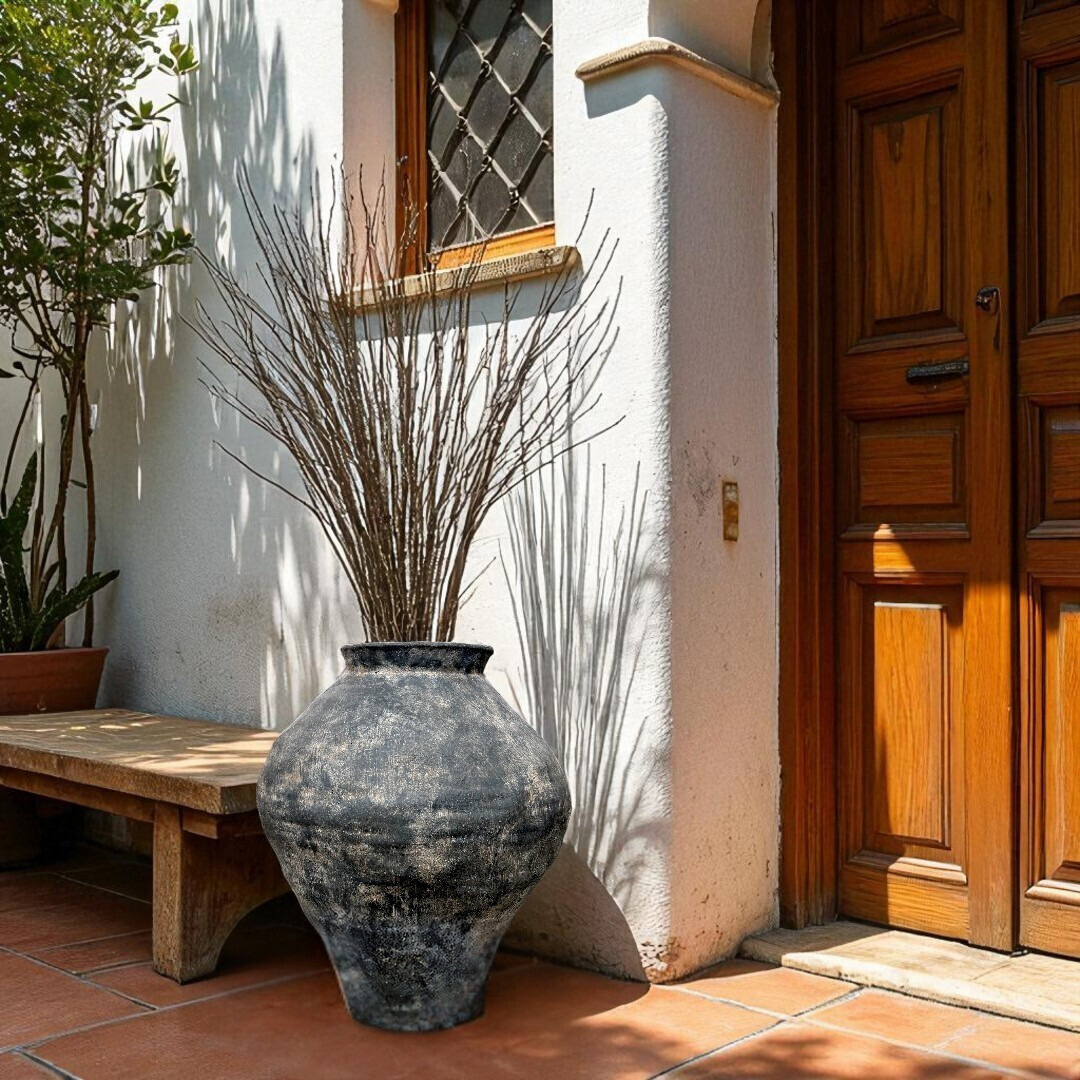 Mojave Rustique Fiber Clay Vessel, Hand-Painted in Weathered Black or Aged Terracotta, 15.7"D x 18.8"H