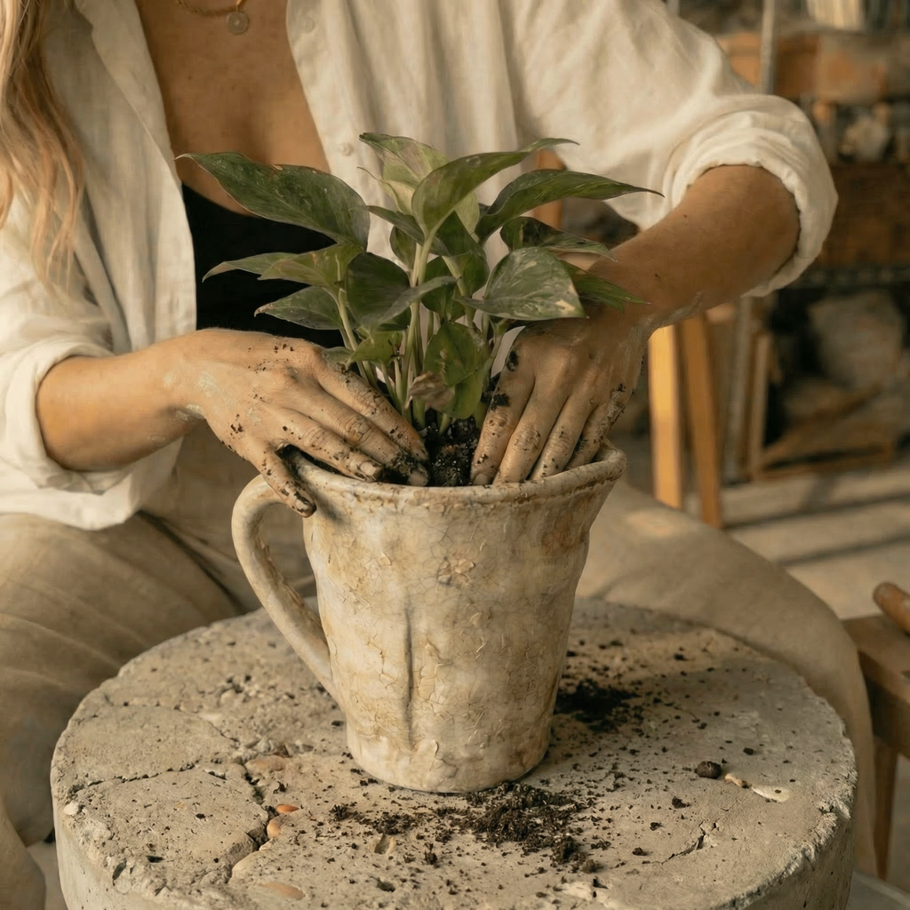 Valencia Carafe-Style Cement Planter, Hand-Painted in Aged White or Aged Terracotta, 8.5"D x 7"H
