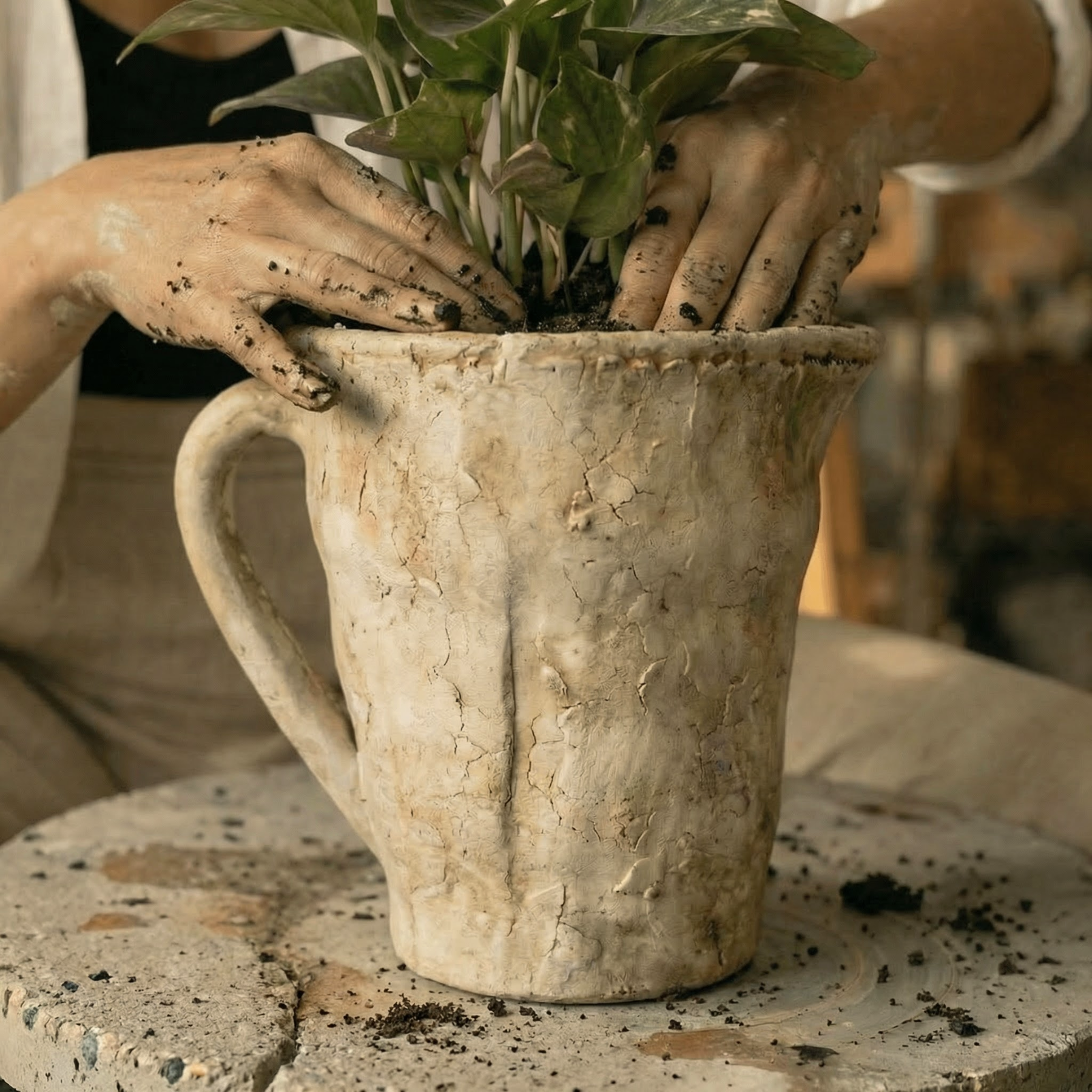 Valencia Carafe-Style Cement Planter, Hand-Painted in Aged White or Aged Terracotta, 8.5"D x 7"H