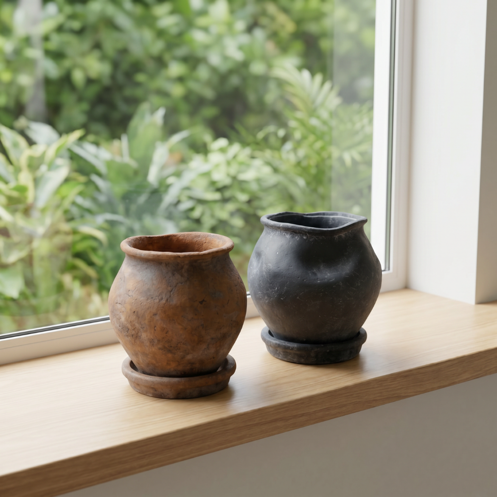 Odyssey Planter with Dish and Drainage Hole, Cement Pot in Weathered Black, 6"D x 6.5"H