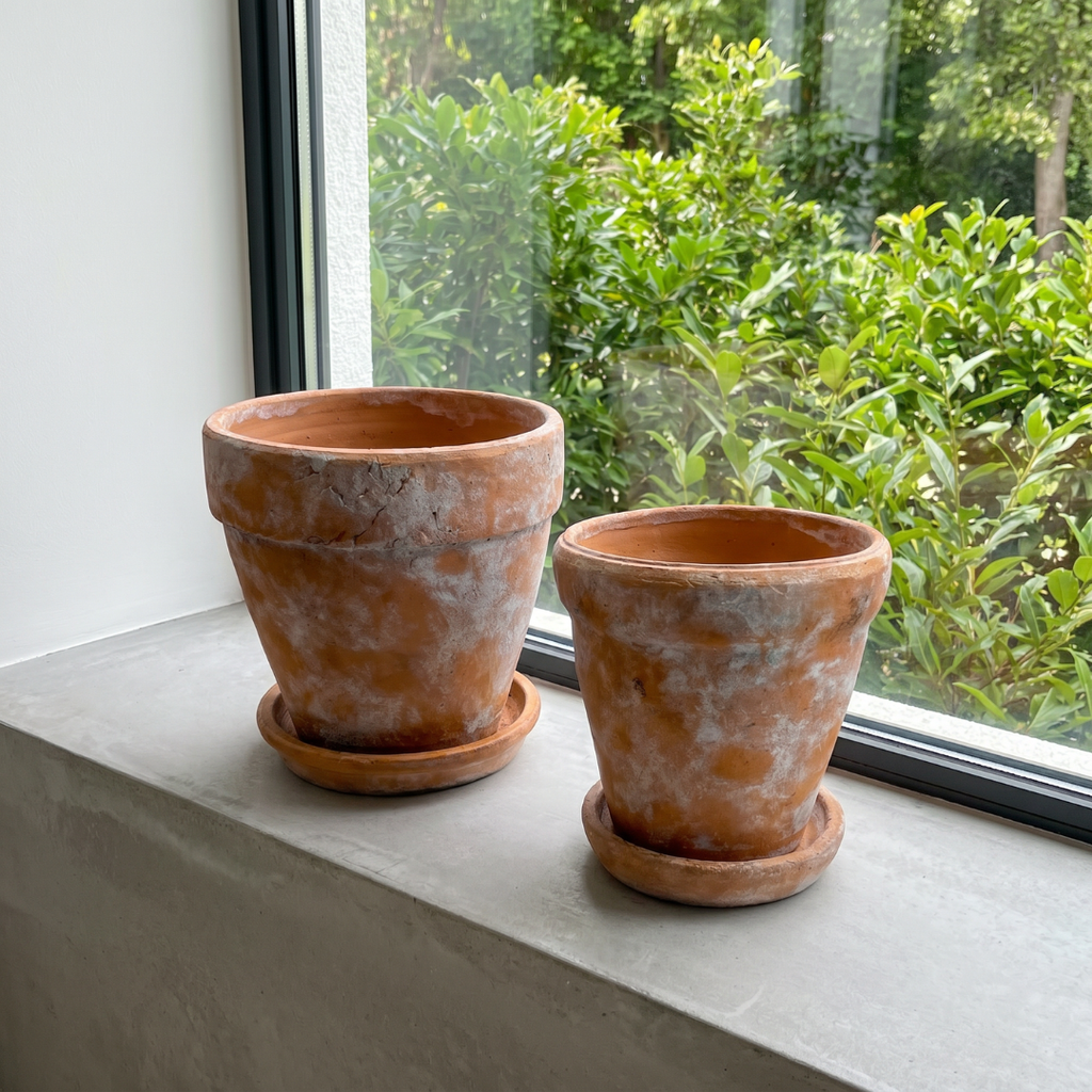 Venice Cement Planter with Dish and Drainage Hole, Handcrafted in Aged Terracotta, Medium & Large