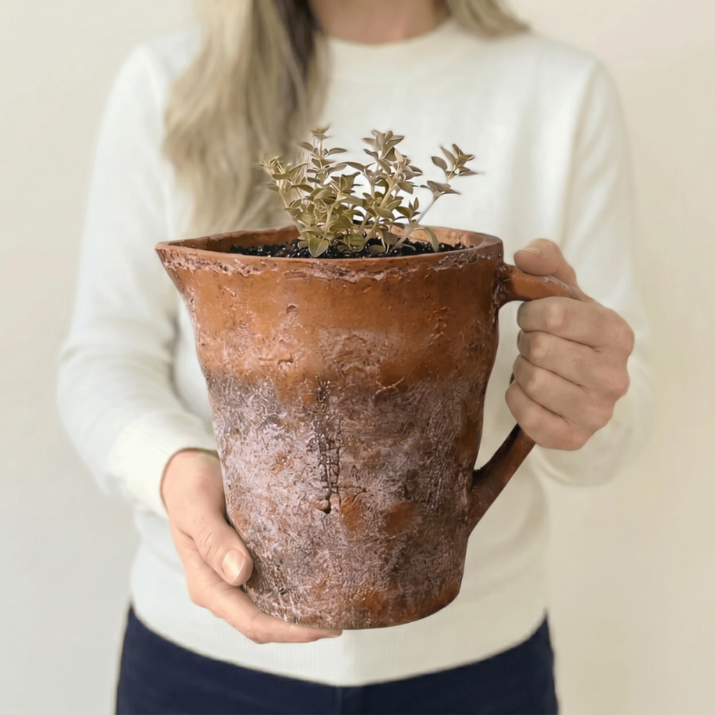 Valencia Carafe-Style Cement Planter, Hand-Painted in Aged Terracotta or Aged White, 8.5"D x 7"H