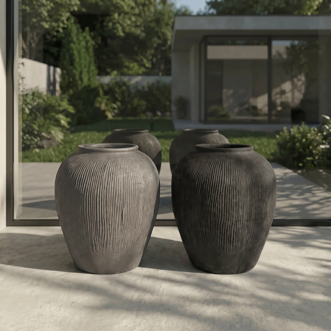 Pompeii Terranova, Fiber Clay Vessel in Antique Umber, Weathered Black or Aged Gray, 14.1"D x 15.7"H