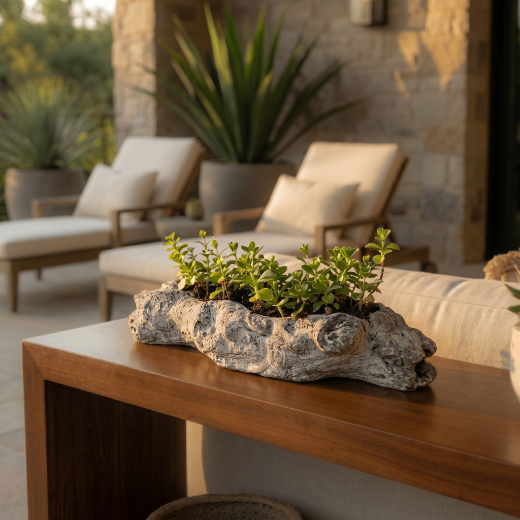 Oakes Cement Planter, Unique Driftwood-Inspired Design, 15"L x 6.5"W x 3.1"H