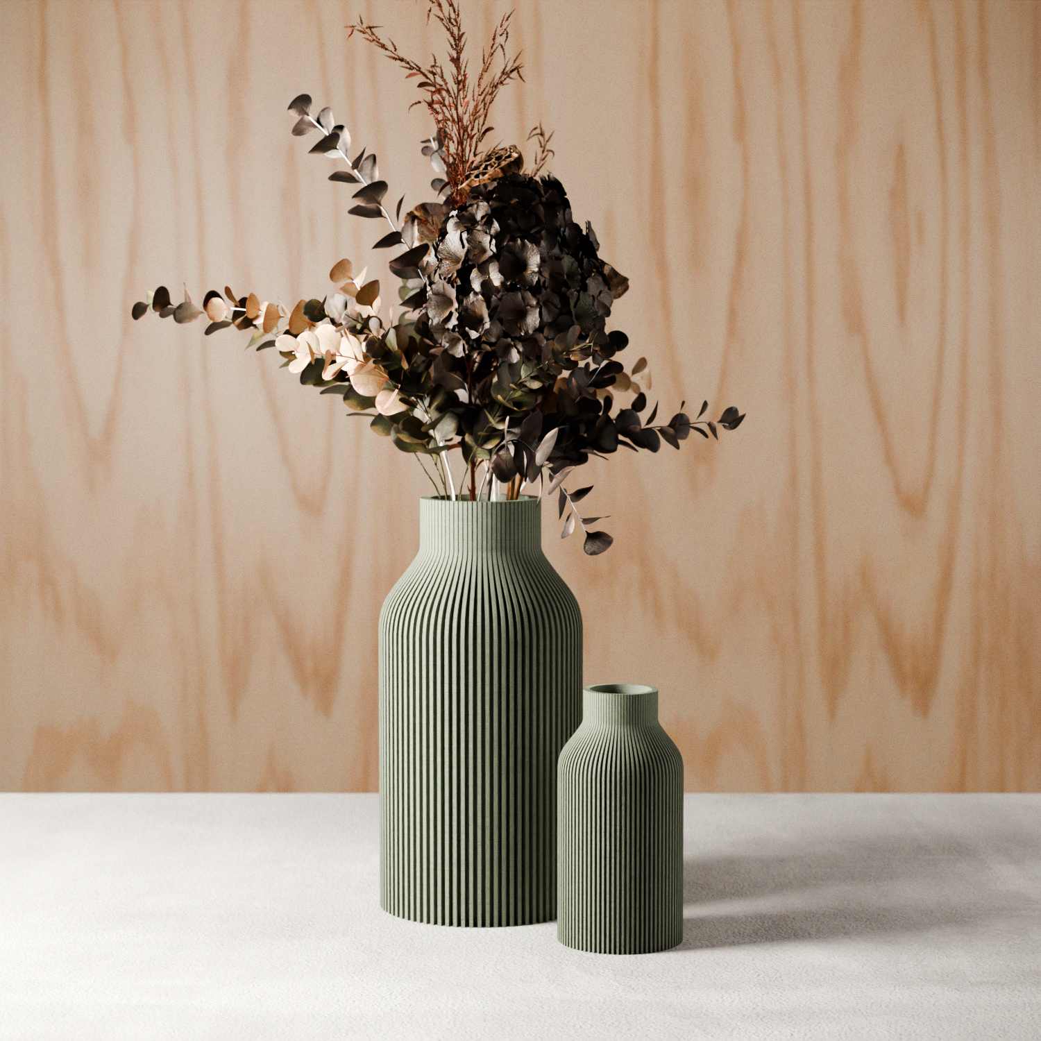 Ribbed Bottle Vase shown in three sizes — 5.5, 8, and 10 inch