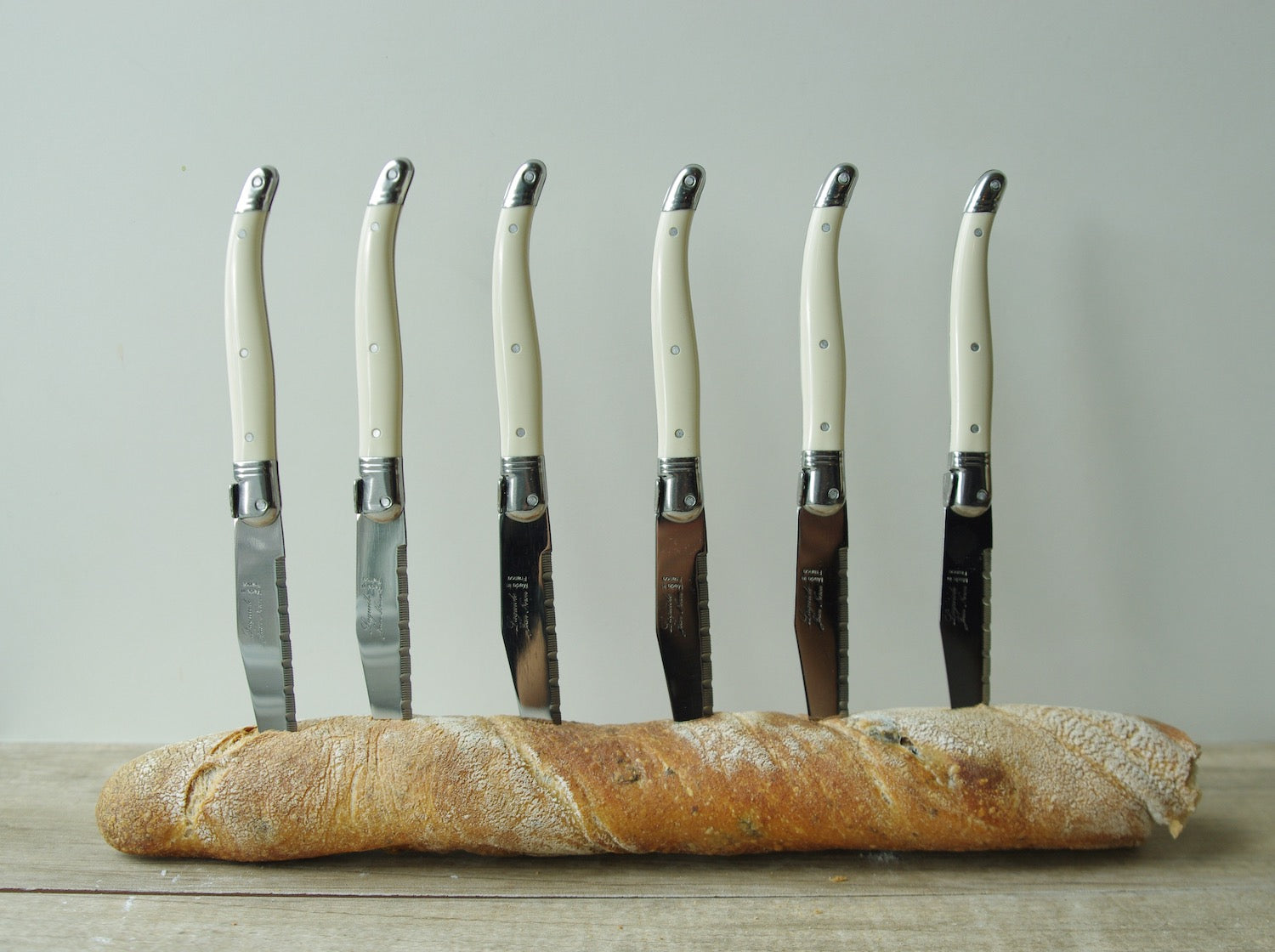 Laguiole 6 Piece Steak Knife Set, Ivory in Wood Box with Acrylic Lid