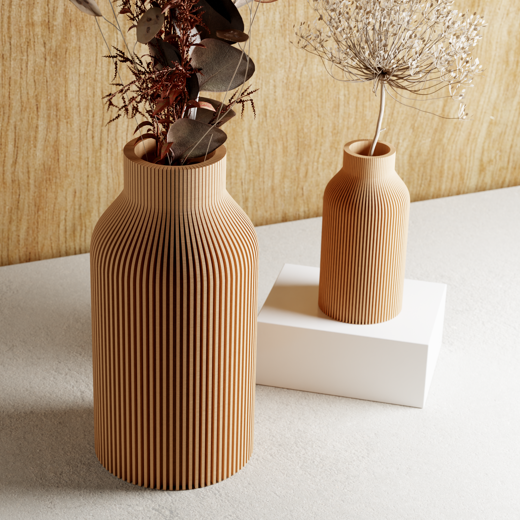 Ribbed Bottle Vase in natural wood finish