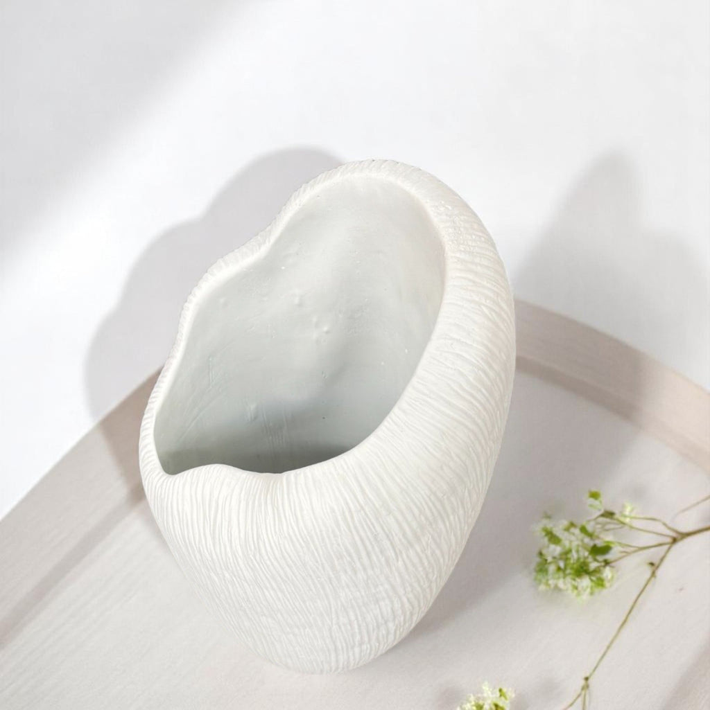 Zephyr Vasque, Artisan Cement Display Piece Hand-painted in Linen White, 8.2"D x 15.7"H