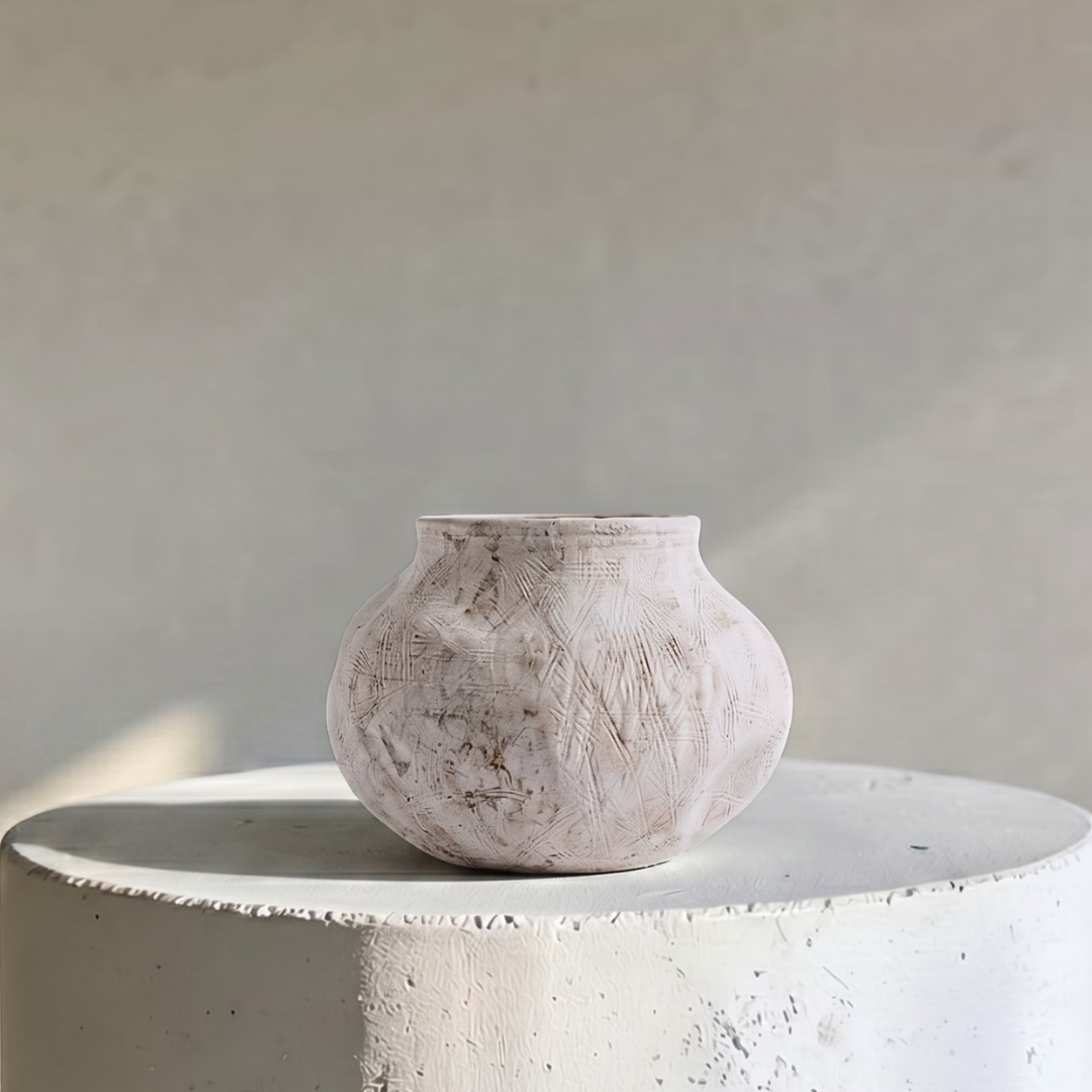 Medina, Terracotta Planter, Hand-painted in Antique White, 8.6"D x 5.7"H