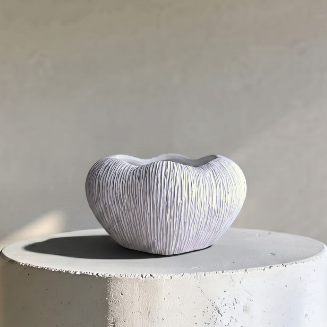 Zephyr Bowl, Artisan Cement Display Piece, Hand-painted in Linen White, 9.8"D x 5.5"H