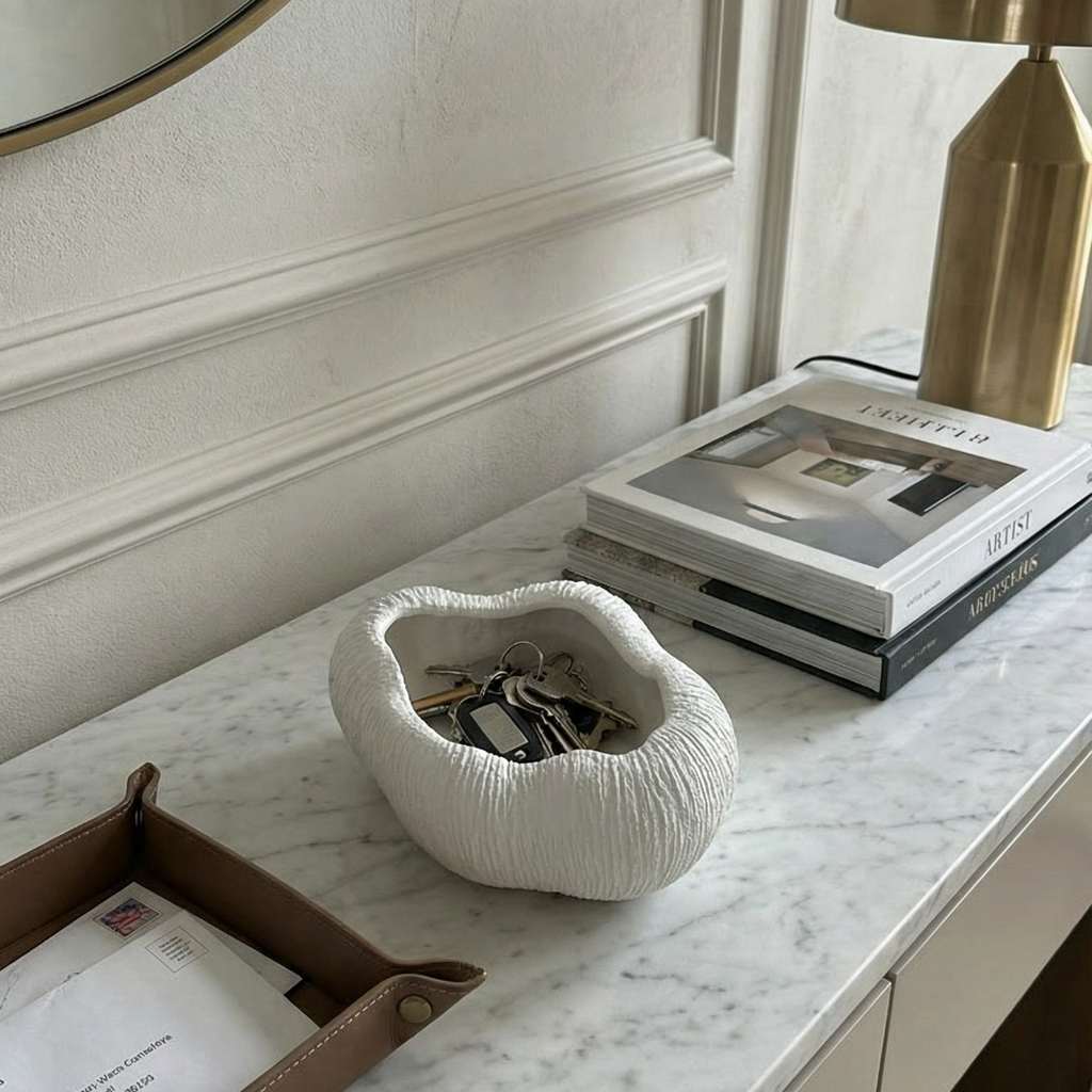 Zephyr Bowl, Artisan Cement Display Piece, Hand-painted in Linen White, 9.8"D x 5.5"H
