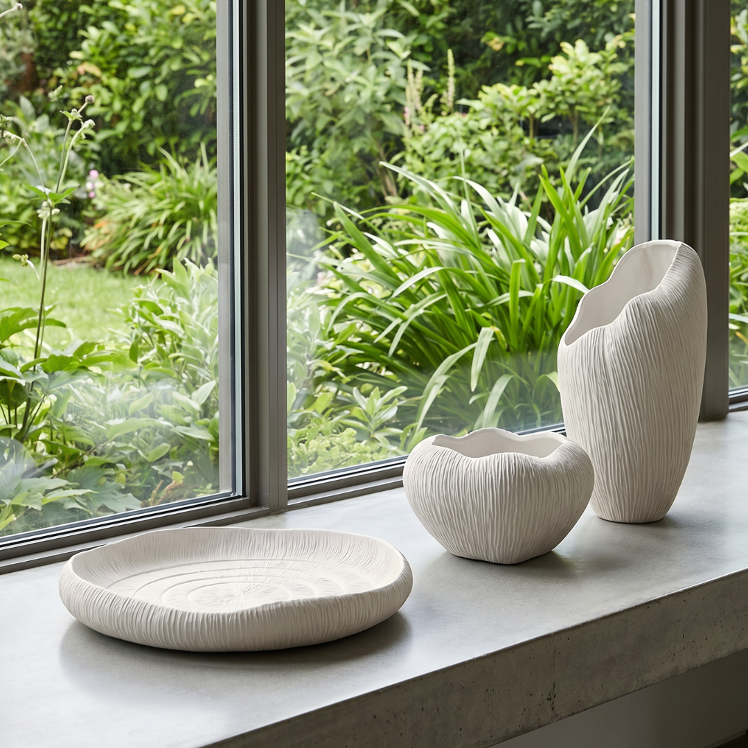 Zephyr Bowl, Artisan Cement Display Piece, Hand-painted in Linen White, 9.8"D x 5.5"H