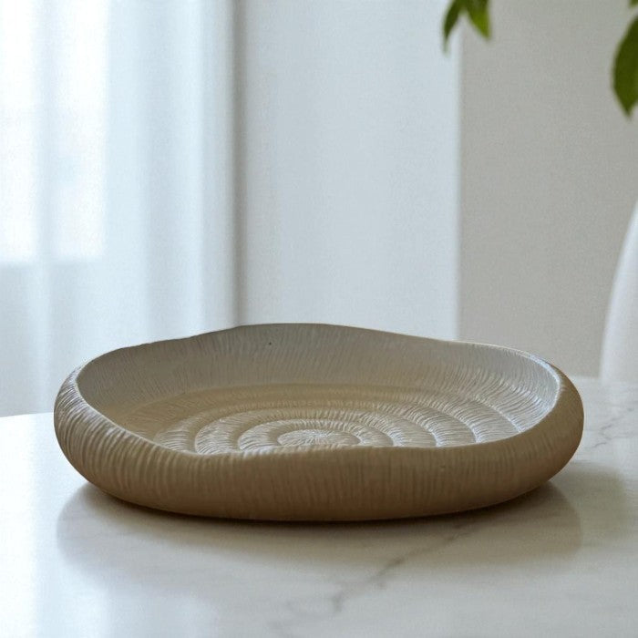 Zephyr Serving Tray, Artisan Cement Display Piece, Hand-painted in Linen White, 14.1"D x 2.3"H
