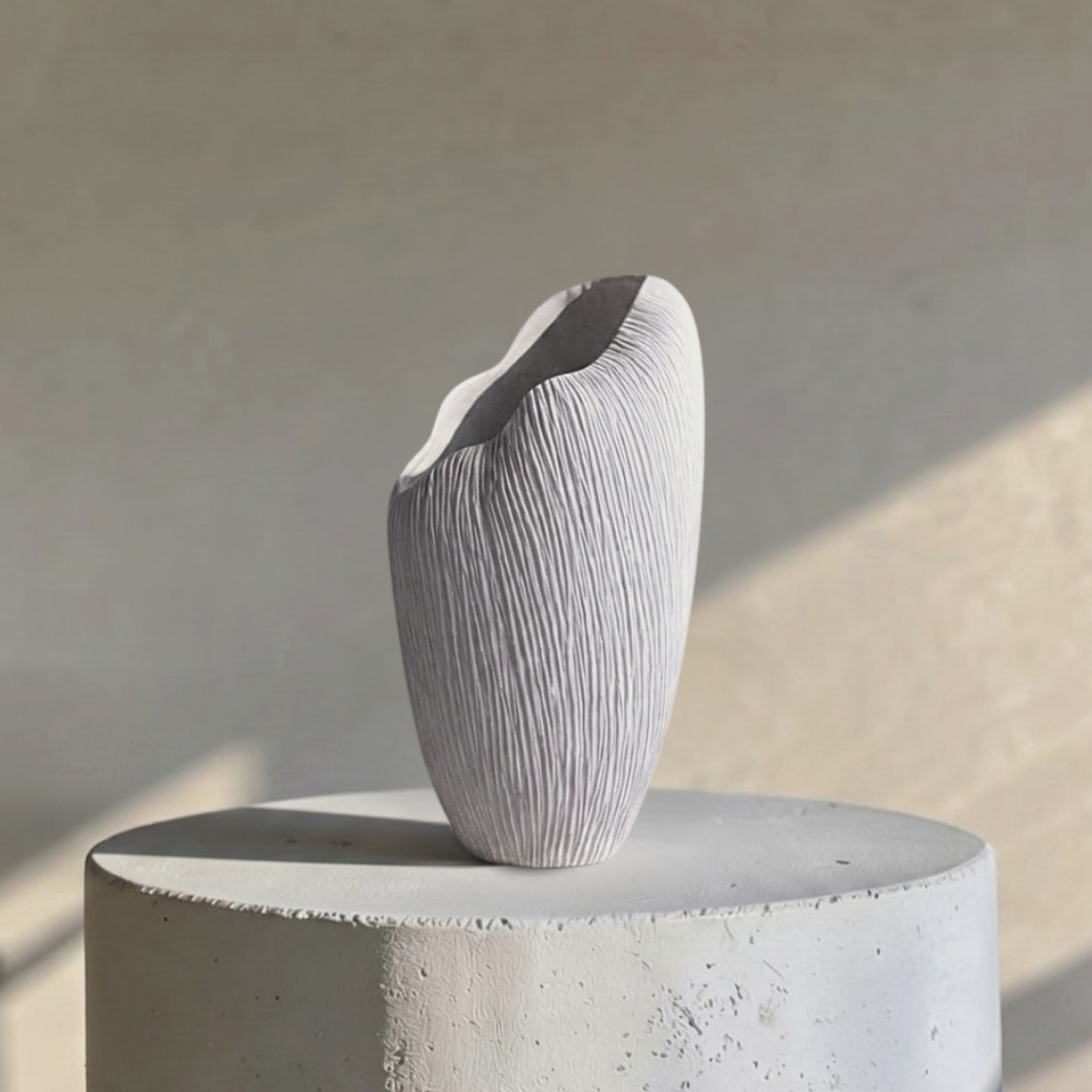 Zephyr Vasque, Artisan Cement Display Piece Hand-painted in Linen White, 8.2"D x 15.7"H