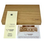 Closed wooden box with the certificate and history booklet