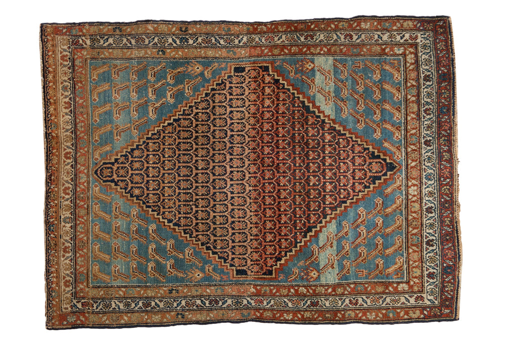 Antique Distressed Hamadan Rug 4x5.5, hand-knotted one of a kind piece
