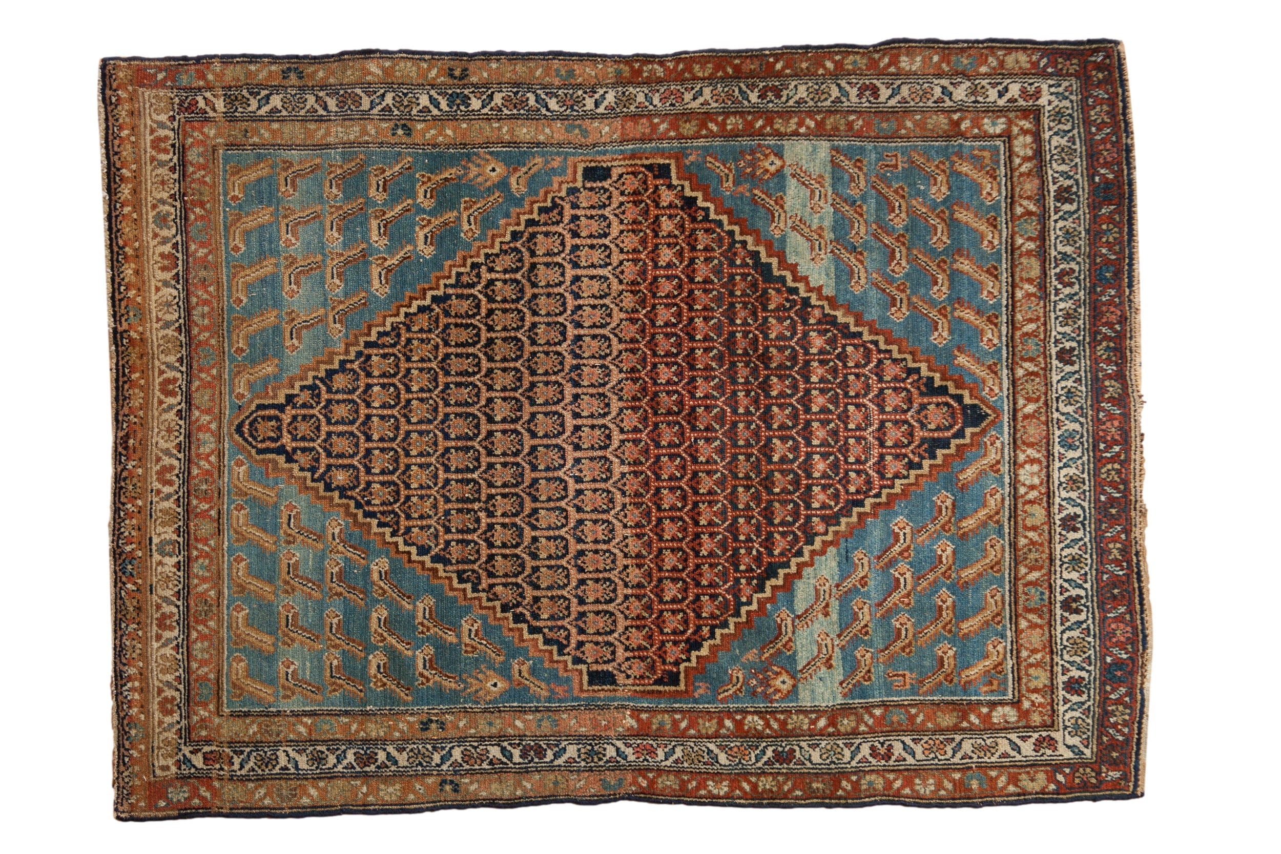 Antique Distressed Hamadan Rug 4x5.5, hand-knotted one of a kind piece
