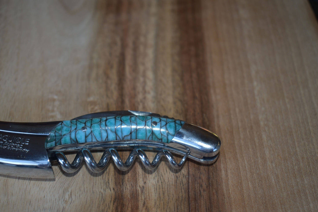 Close view of the textured turquoise and black handle