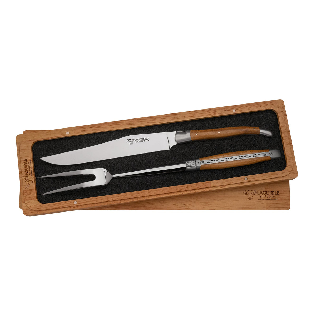 Laguiole carving set with acacia wood knife and fork in a wooden box