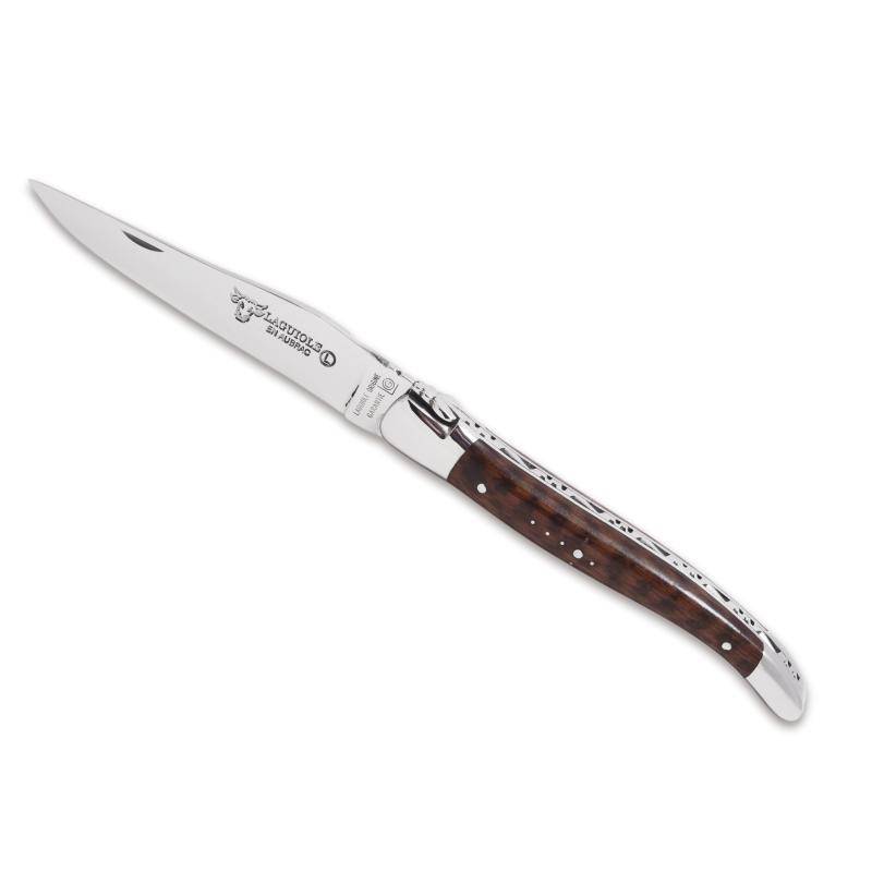 Laguiole snakewood folding knife with amourette handle, open on a white background