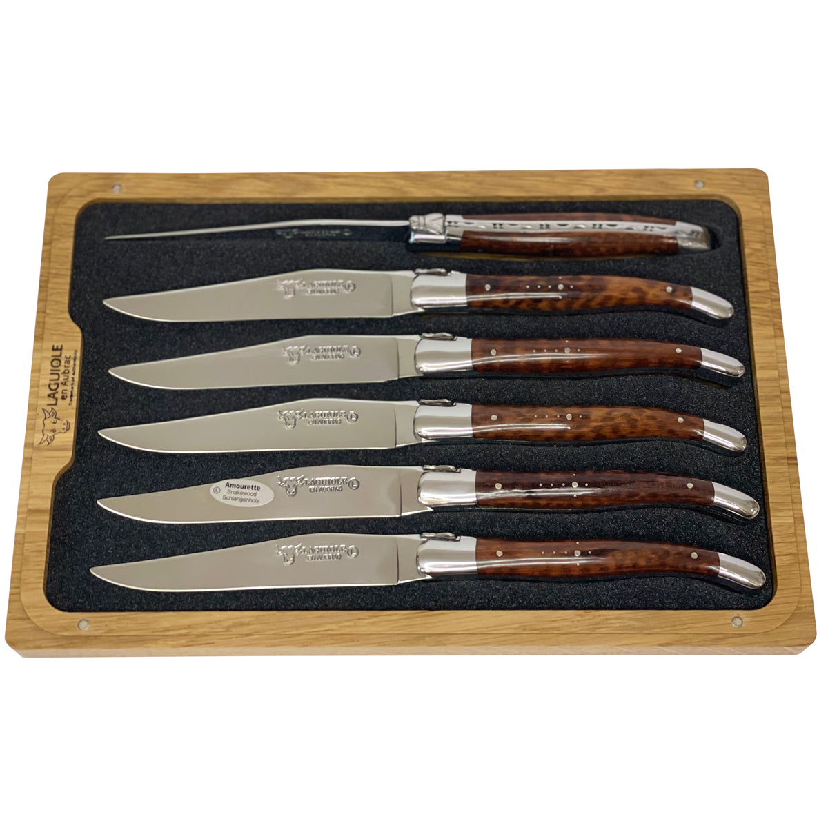 Laguiole snakewood steak knife set of six in its open wooden box