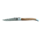 Laguiole Damascus Aubrac wood knife open on a white background