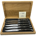 Laguiole black poplar burl steak knife set of six in an open wooden box