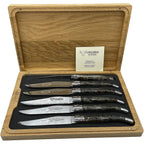 Laguiole black poplar burl steak knife set of six in an open wooden box