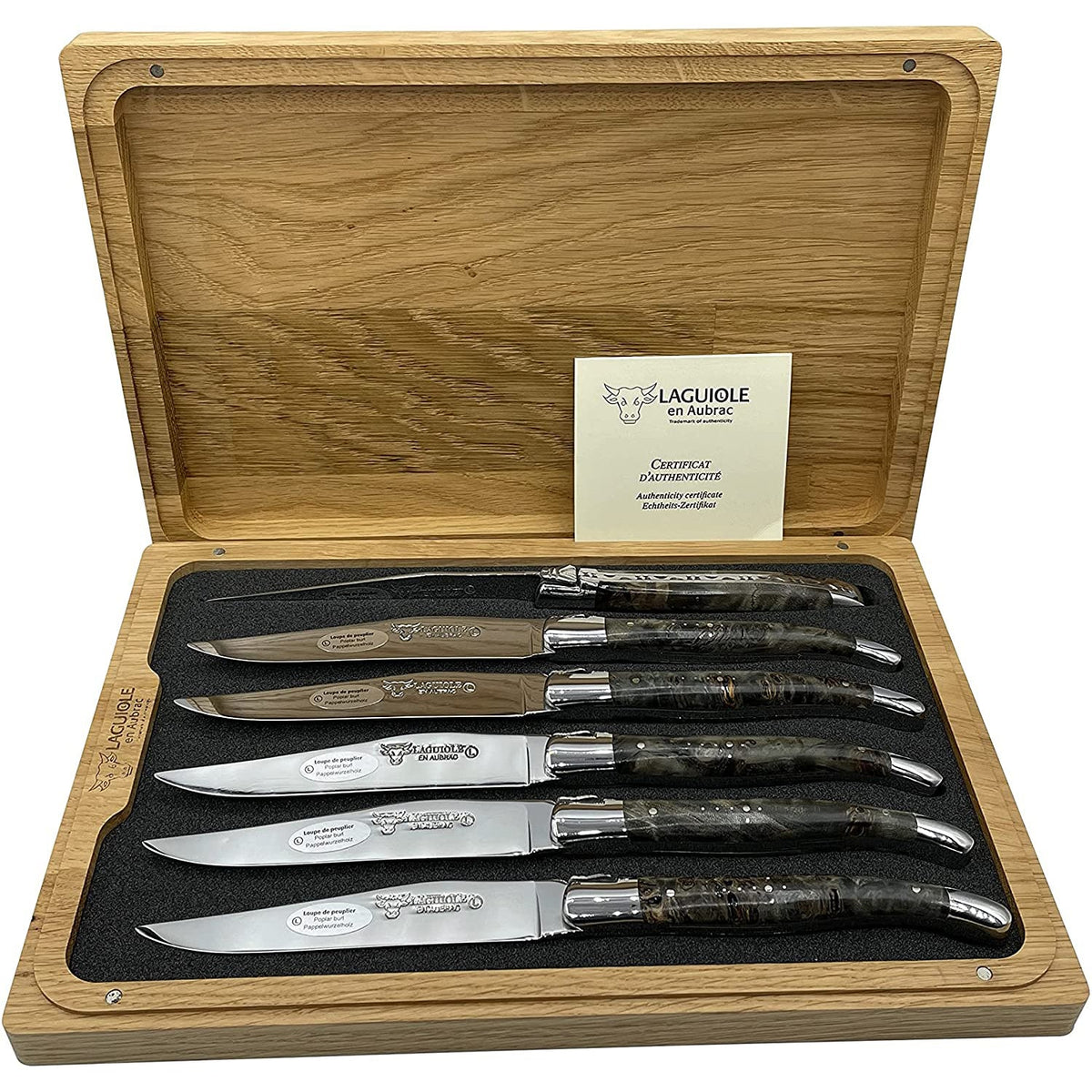 Laguiole black poplar burl steak knife set of six in an open wooden box