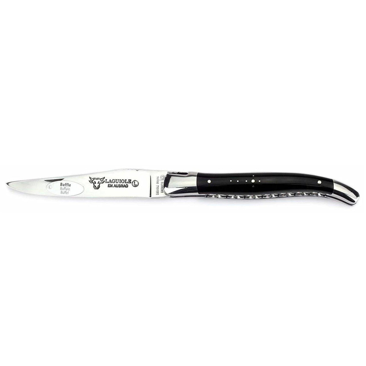 Laguiole double plated buffalo horn knife open on a white background