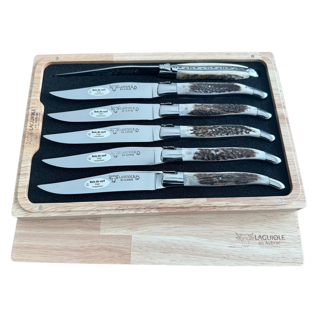 Laguiole antler steak knife set of six in an open wooden box