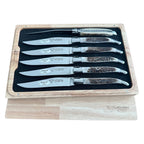 Laguiole antler steak knife set of six in an open wooden box