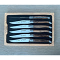 Laguiole grapevine steak knife set of six in an open wooden box on grey