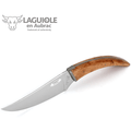 Laguiole juniper cheese knife with curved handle beside the Laguiole en Aubrac logo